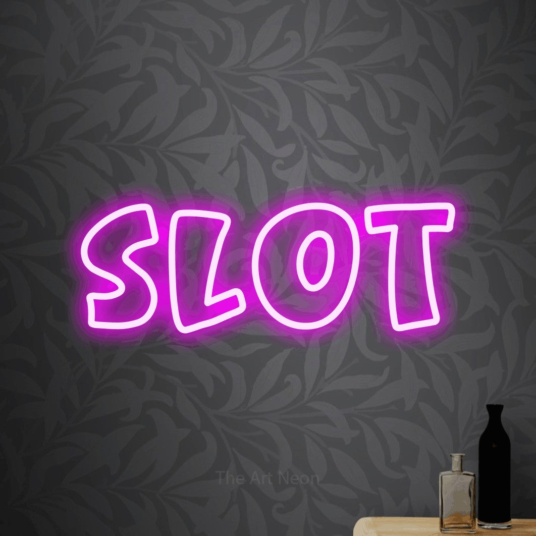 Pink outline-style LED neon sign reading "Slot" against light grey floral wallpaper