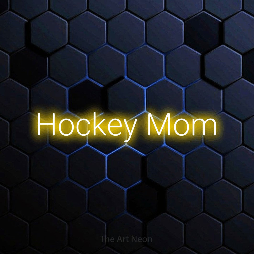 Yellow LED neon sign reading "Hockey Mom" against a blue hexagonal wall