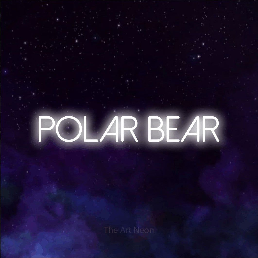 Cool white LED neon sign reading "Polar Bear" against a purple galaxy background