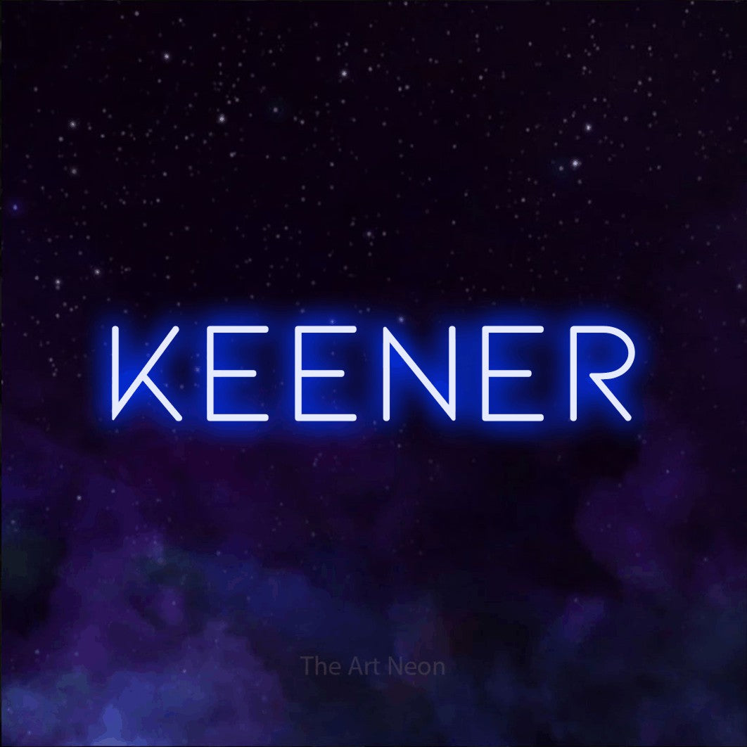 Blue LED neon sign reading "Keener" against a purple galaxy background