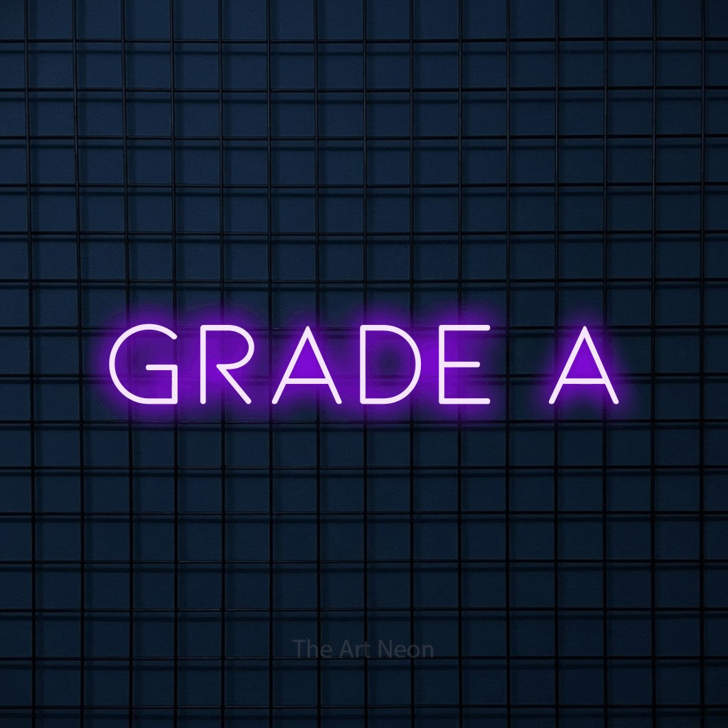 Purple LED neon sign reading "Grade A" against a dark blue tiled wall