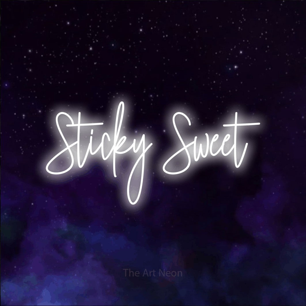 Cool white script-style LED neon sign reading "Sticky Sweet" against a purple galaxy background