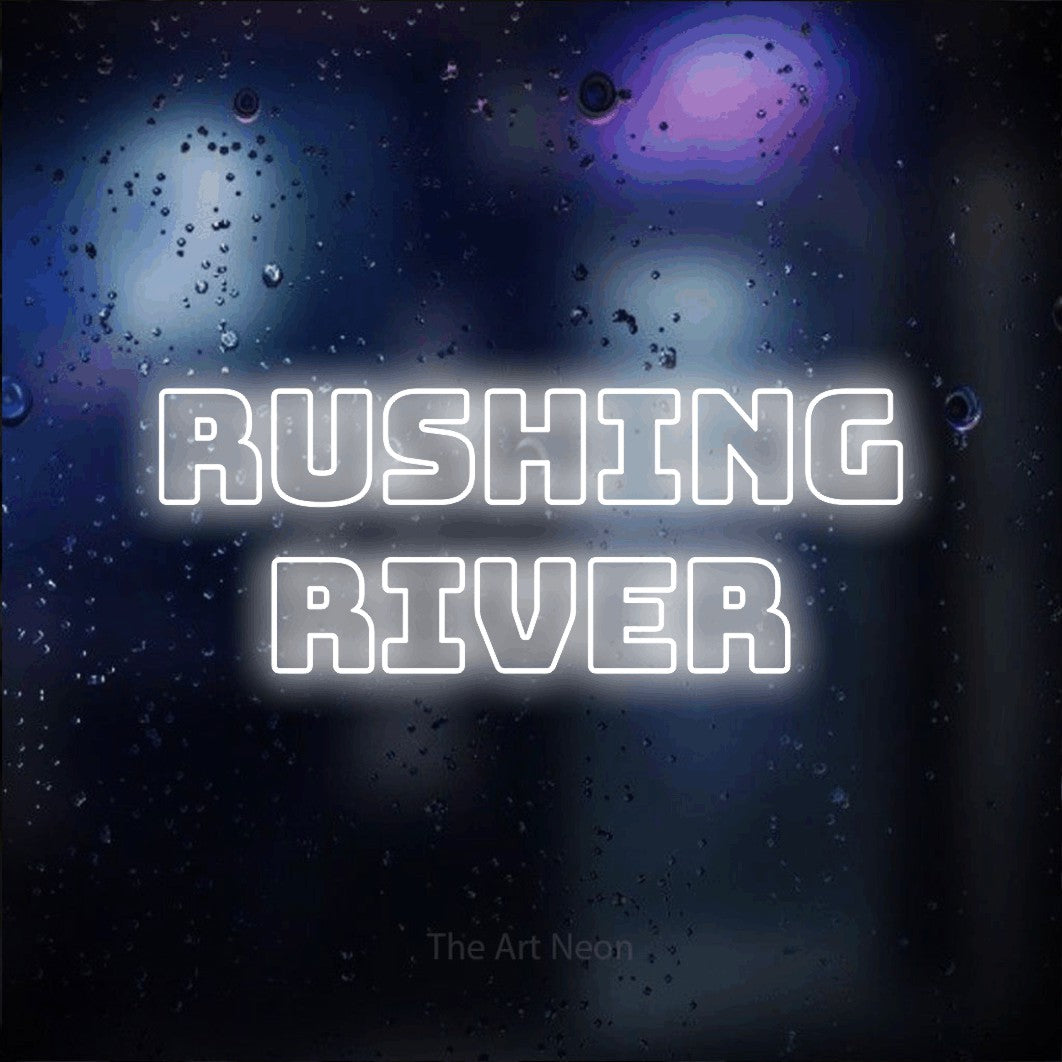 Cool white outline-style LED neon sign reading "Rushing River" against a dark blue bokeh background