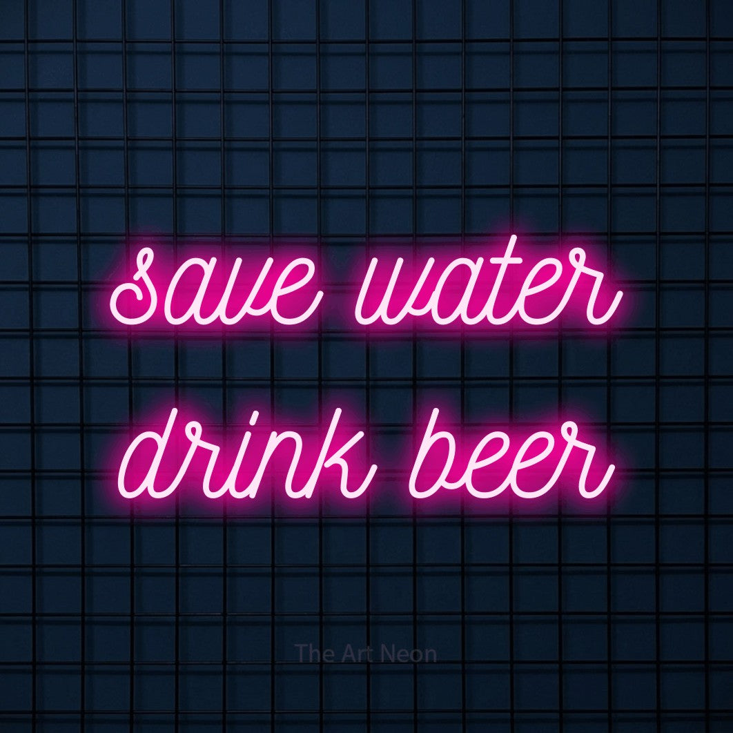 Hot pink script-style LED neon sign reading "Save Water Drink Beer" against a dark blue tiled wall