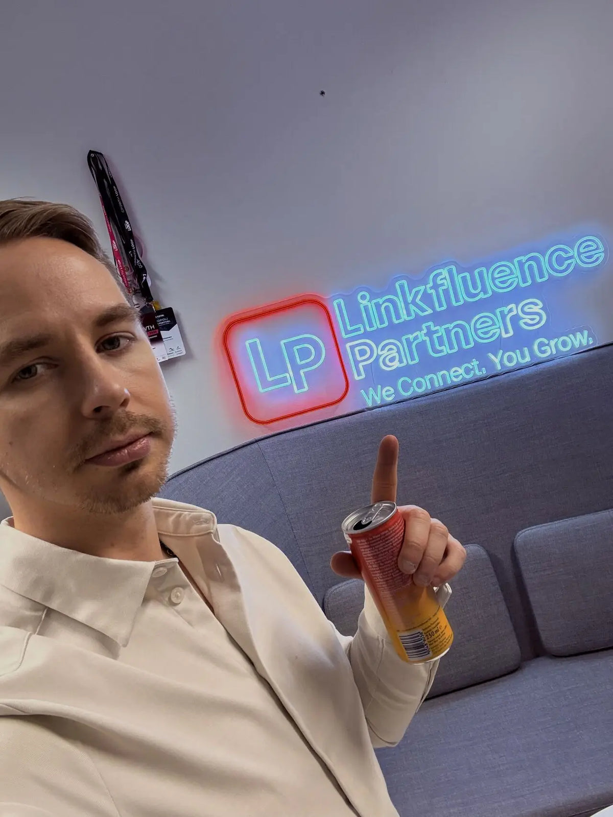 Linkfluence Partners logo converted into an LED neon sign for a Helsinki office