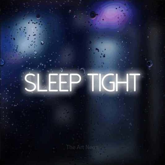 Cool white LED neon sign reading "Sleep Tight" against a dark blue bokeh background for bedroom décor