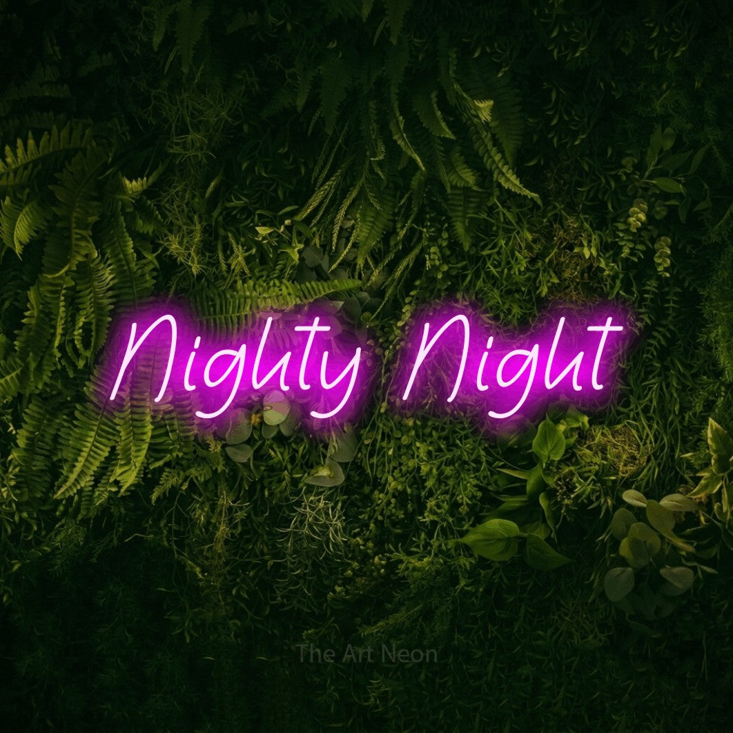 Pink LED neon sign reading "Nighty Night" against a moss-covered green wall for bedroom décor