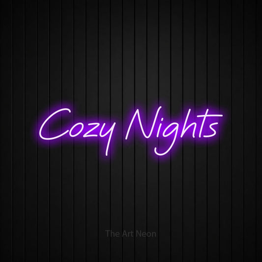 Purple LED neon sign reading "Cozy Nights" against a black vertical slat wall for bedroom décor
