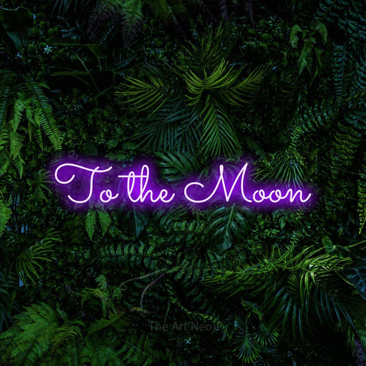 Purple LED neon sign reading "To the Moon" against a dense tropical foliage wall for bedroom décor