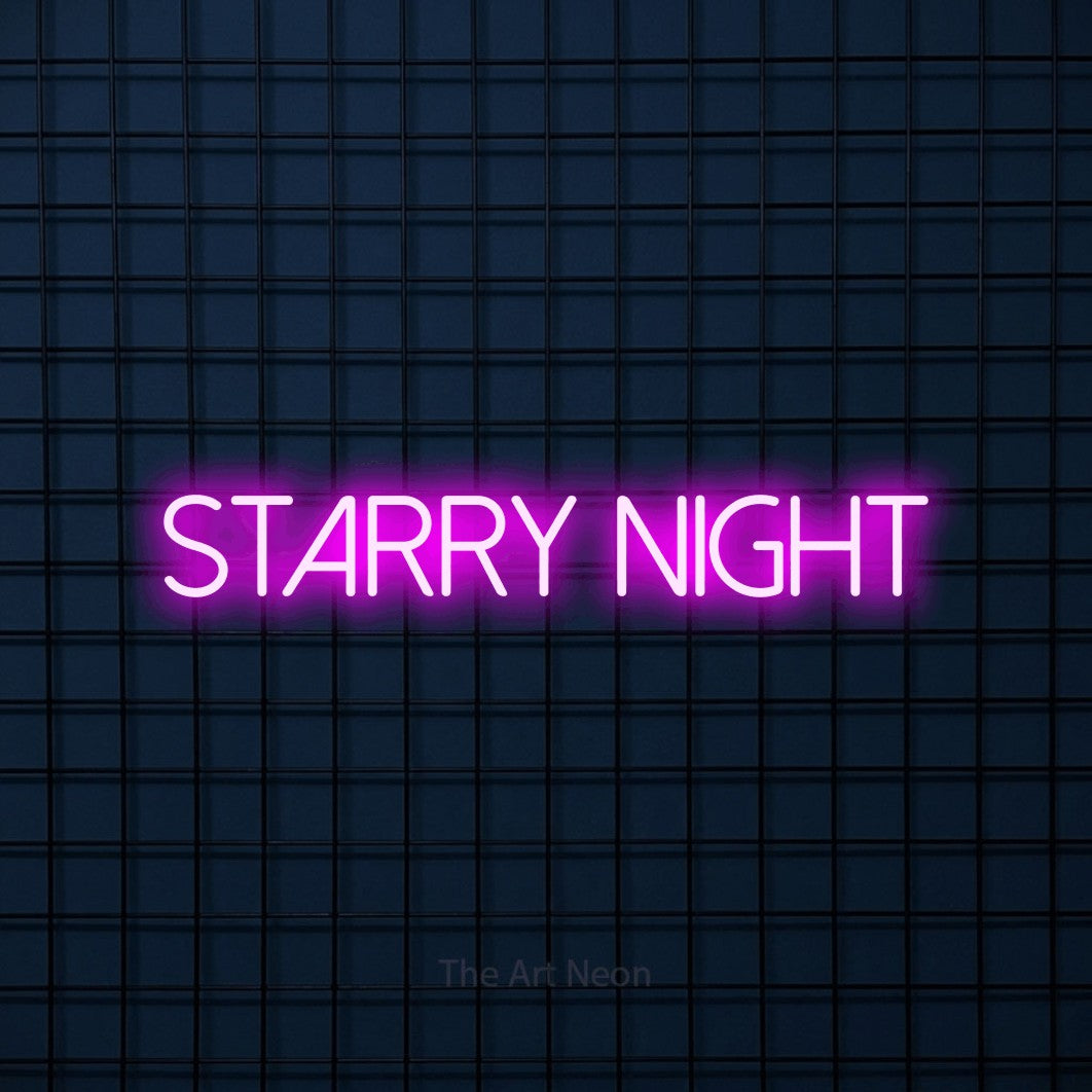 Pink LED neon sign reading "Starry Night" against a dark blue tiled wall for bedroom décor