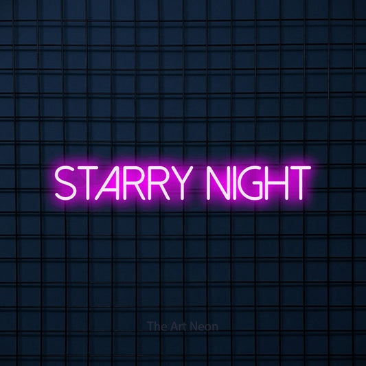 Pink LED neon sign reading "Starry Night" against a dark blue tiled wall for bedroom décor