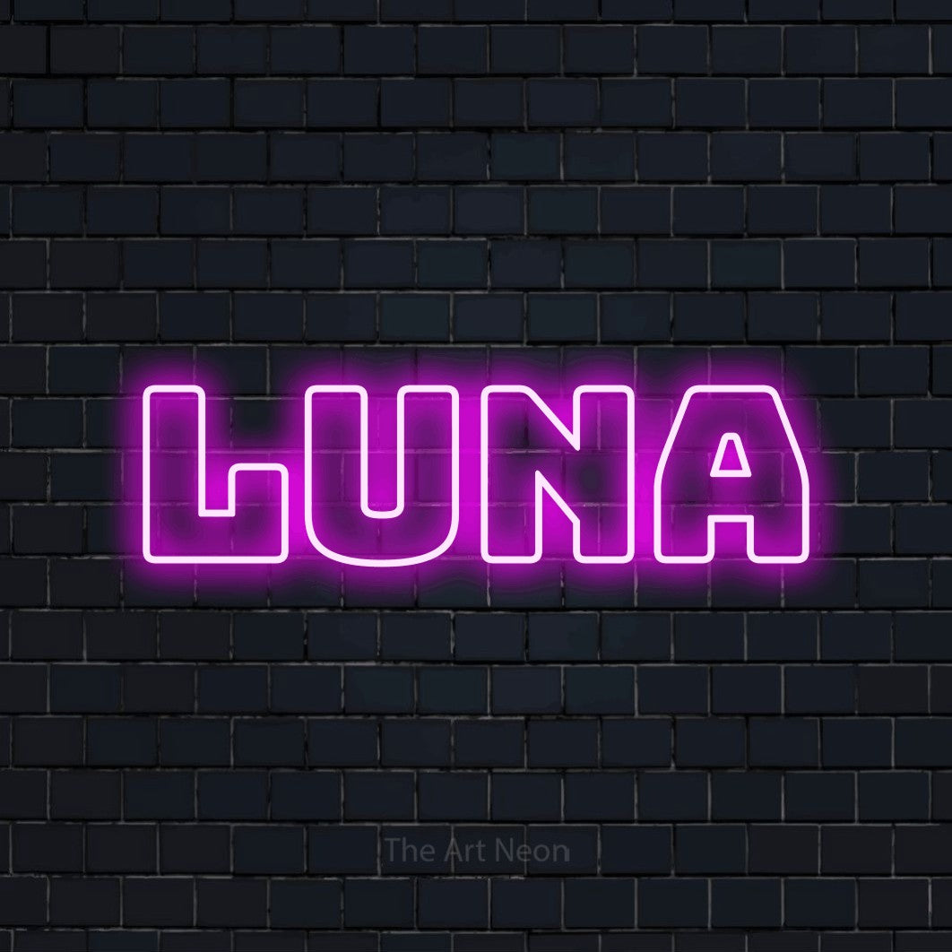 Pink outline-style LED neon sign reading "Luna" against a dark navy brick wall for bedroom décor