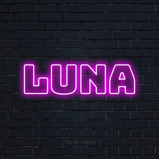 Pink outline-style LED neon sign reading "Luna" against a dark navy brick wall for bedroom décor