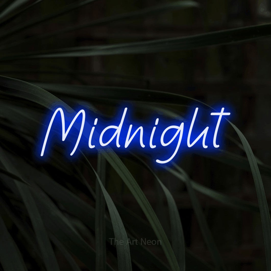 Blue LED neon sign reading "Midnight" against dark tropical leaves for bedroom décor