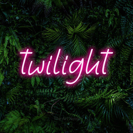 Hot pink LED neon sign reading "Twilight" against a dense tropical foliage wall for bedroom décor