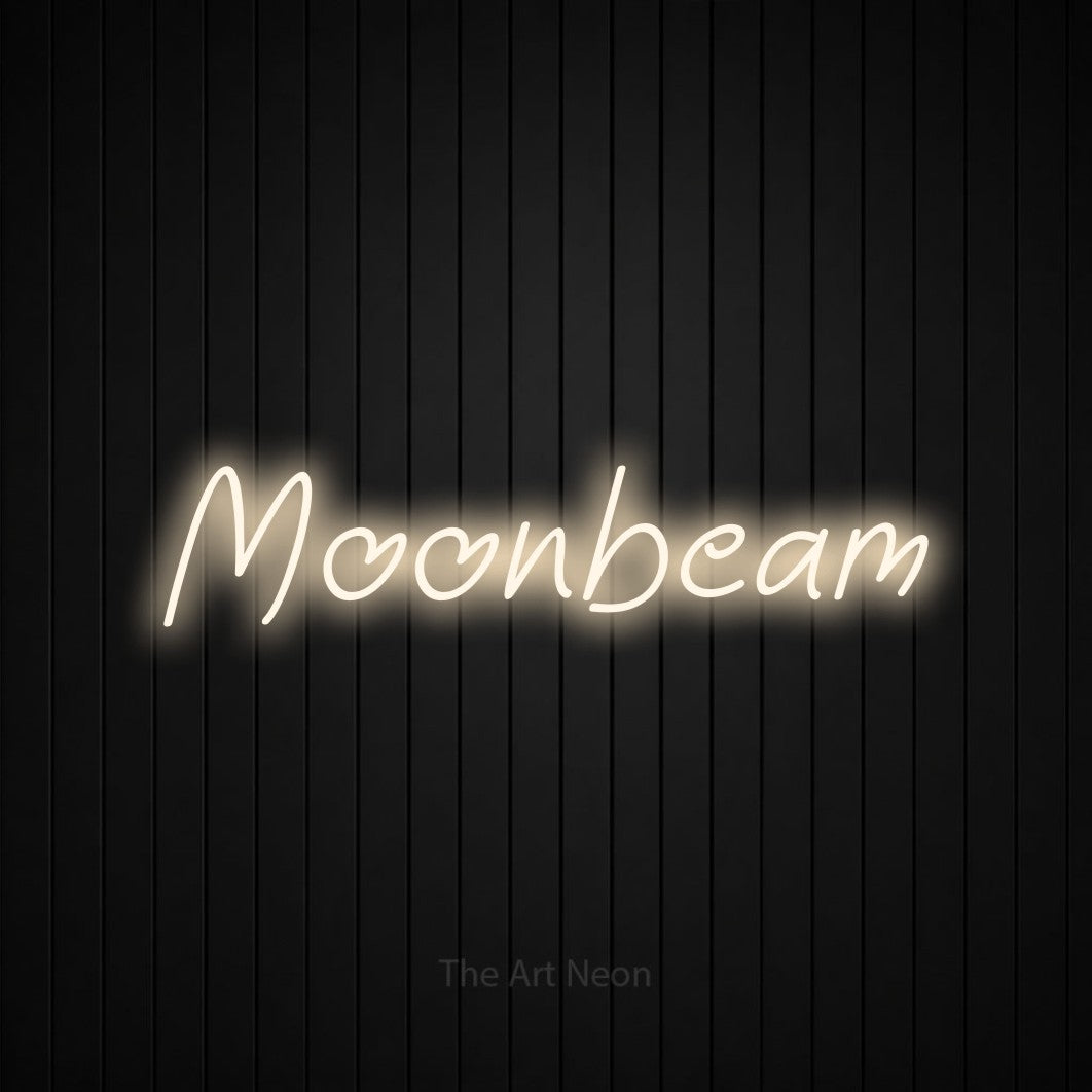 Warm white LED neon sign reading "Moonbeam" against a black vertical slat wall for bedroom décor