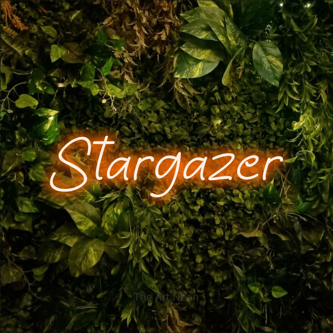 Orange LED neon sign reading "Stargazer" against a textured moss and foliage wall for bedroom décor