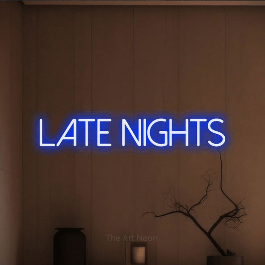 Blue LED neon sign reading "Late Nights" against a warm brown wall for bedroom décor