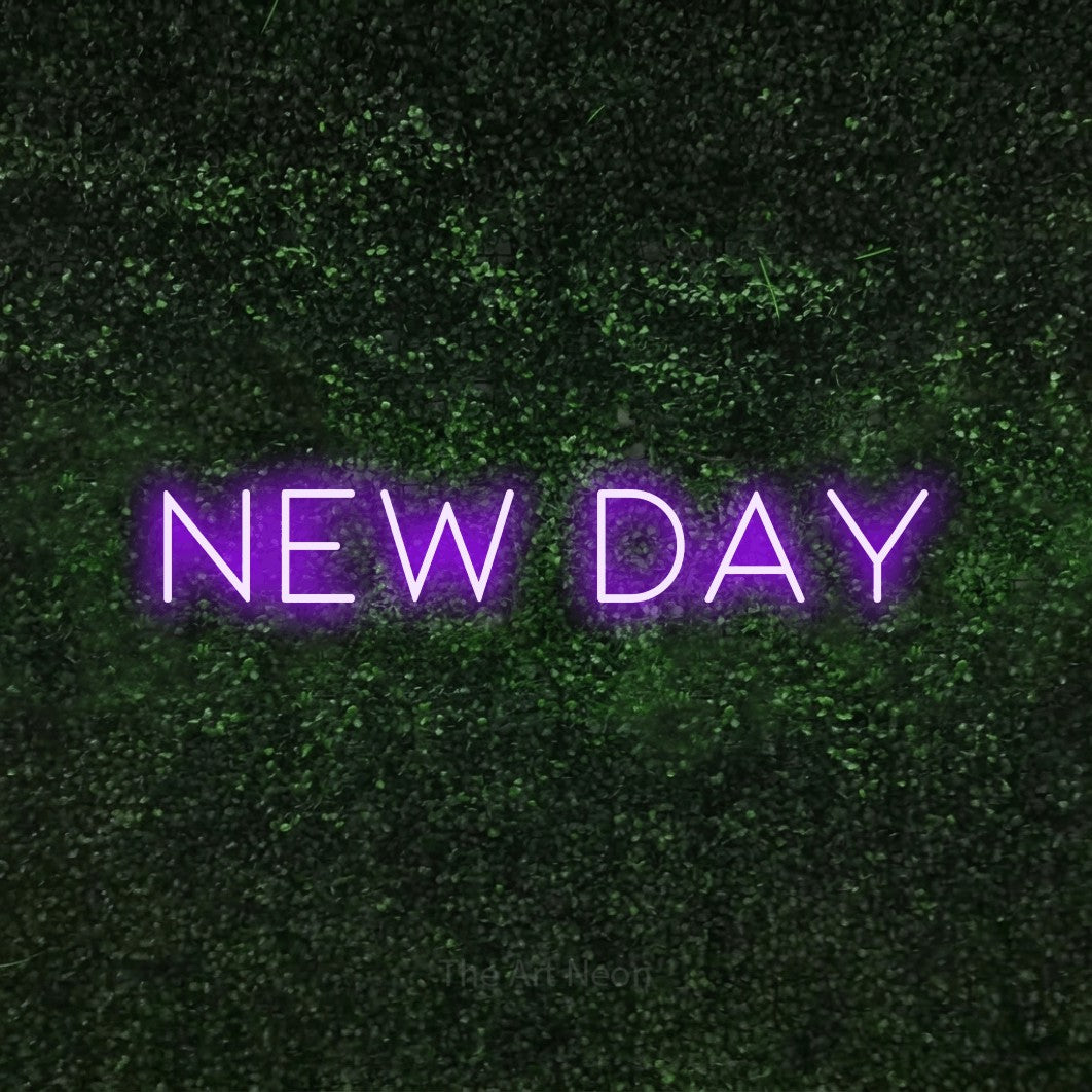 Purple LED neon sign reading "New Day" against a textured green moss wall for bedroom décor