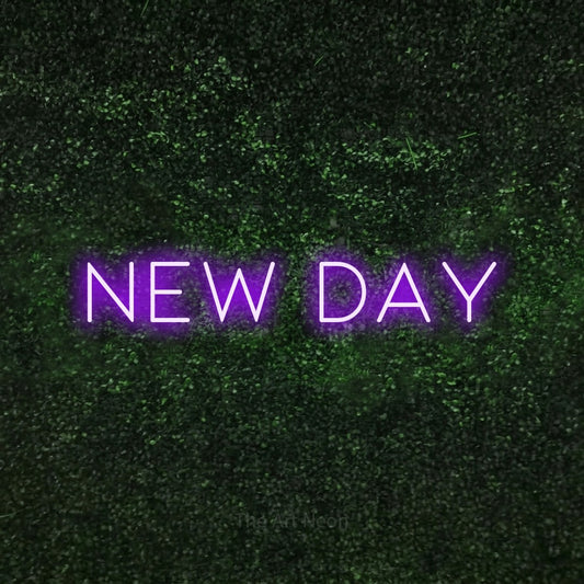 Purple LED neon sign reading "New Day" against a textured green moss wall for bedroom décor
