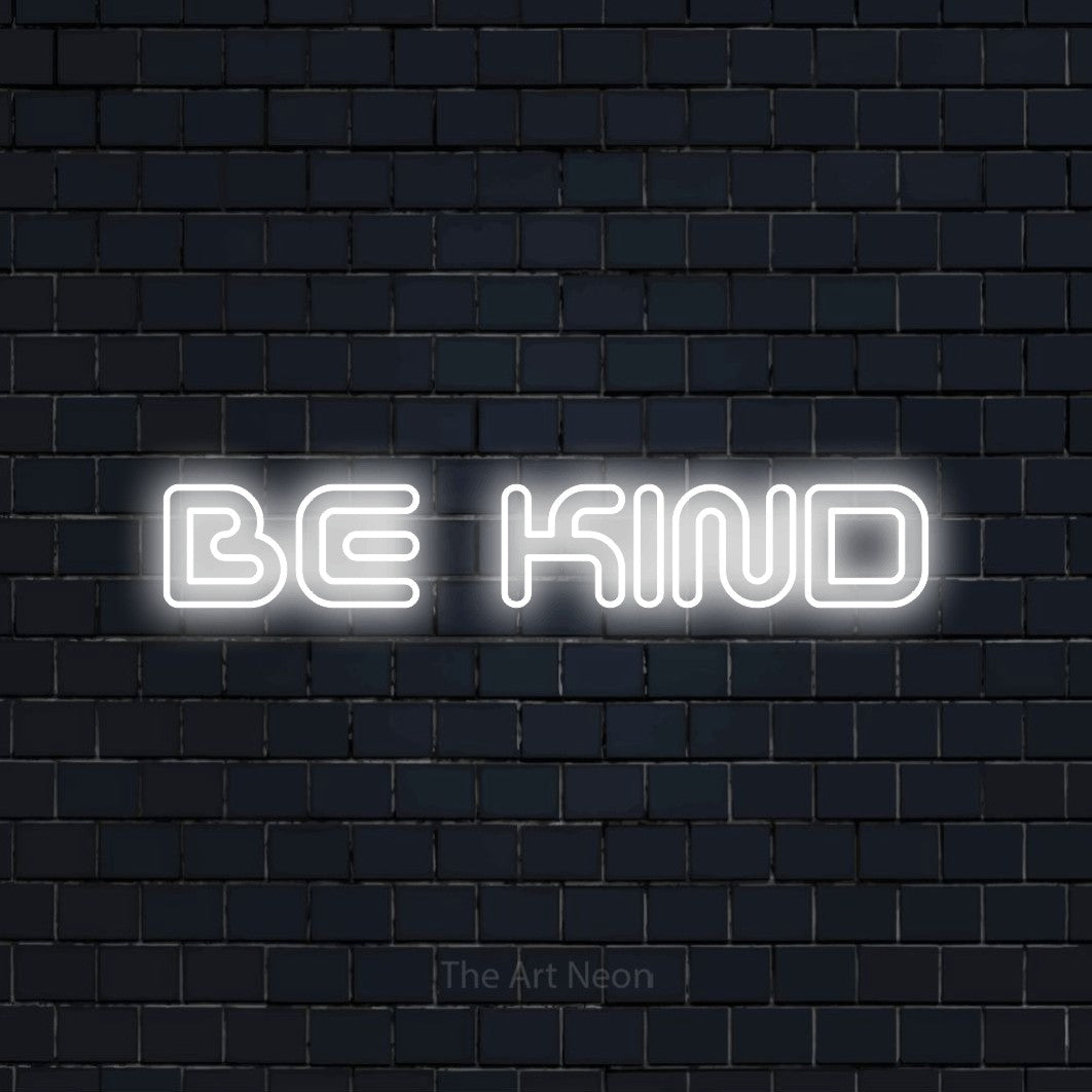 Cool white outline-style LED neon sign reading "Be Kind" against a dark navy brick wall for bedroom décor