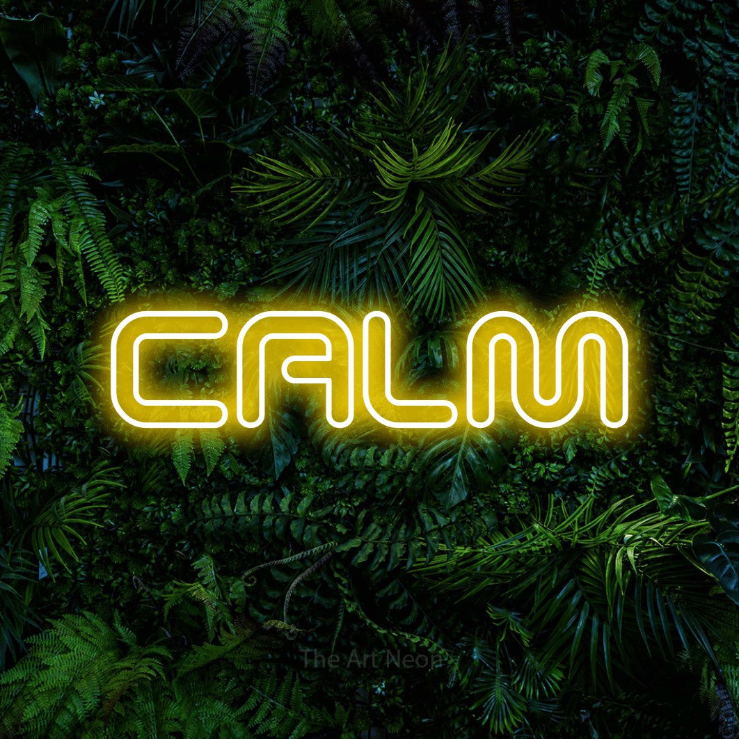 Yellow outline-style LED neon sign reading "Calm" against a dense tropical foliage wall for bedroom décor