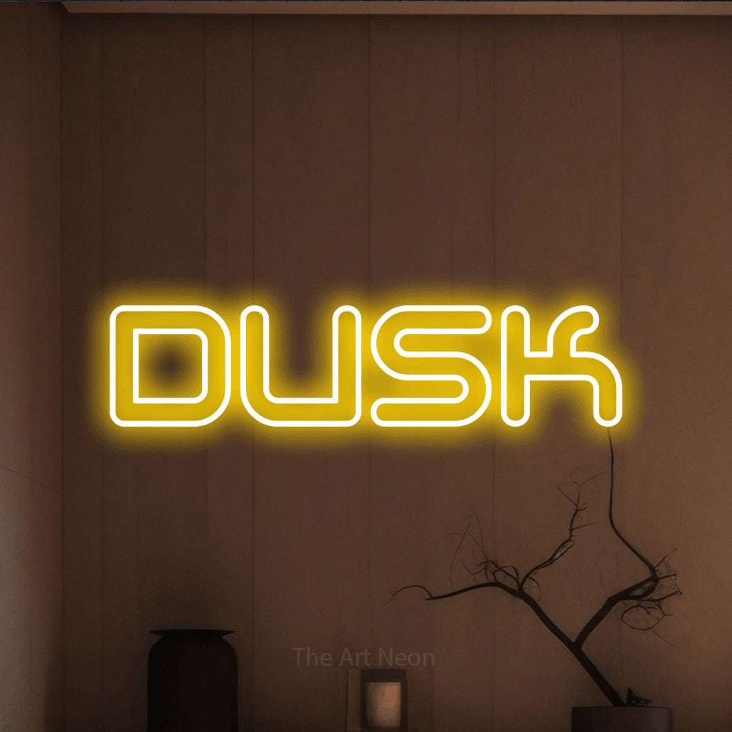 Yellow outline-style LED neon sign reading "Dusk" against a warm brown wall for bedroom décor