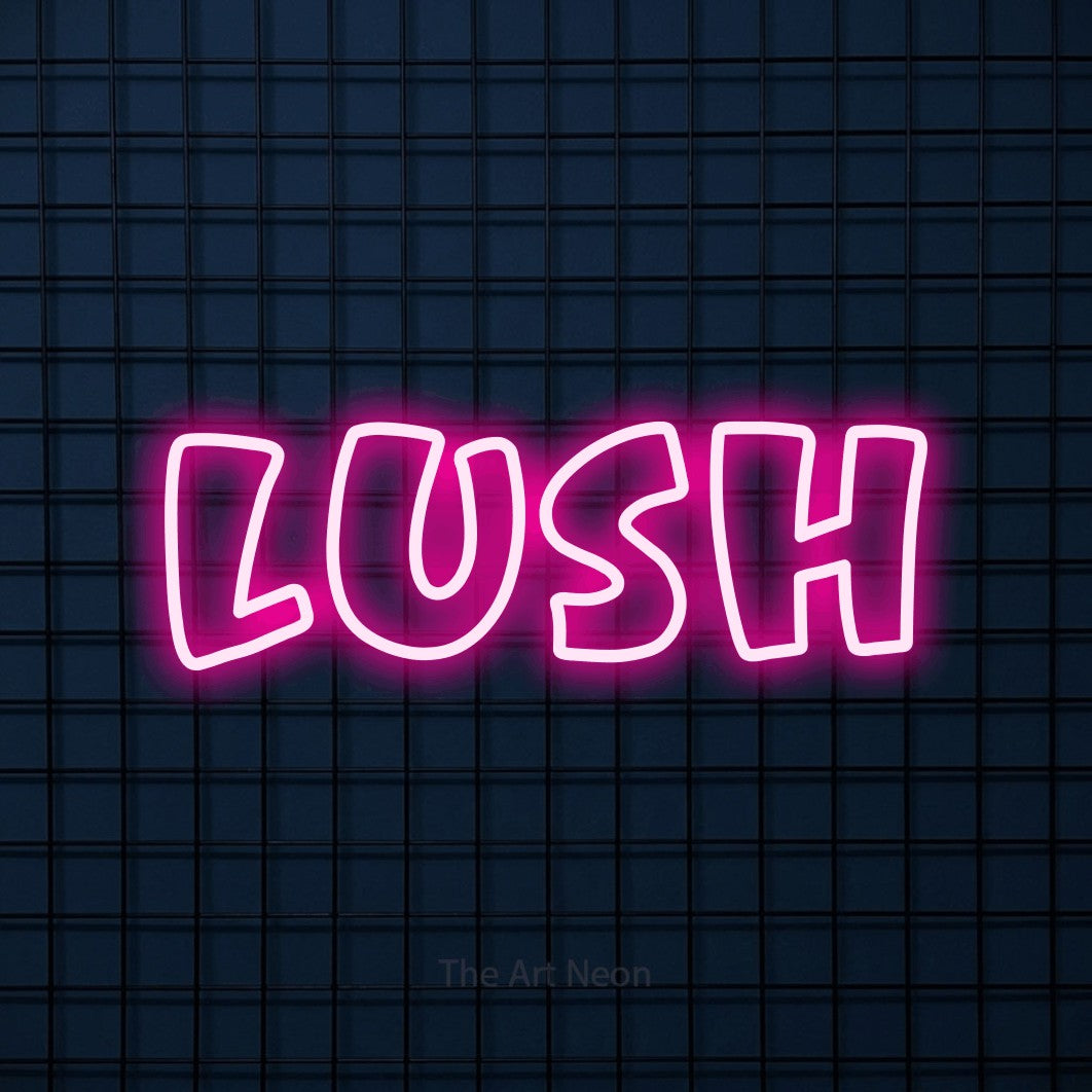 Hot pink outline-style LED neon sign reading "Lush" against a dark blue tiled wall for bedroom décor