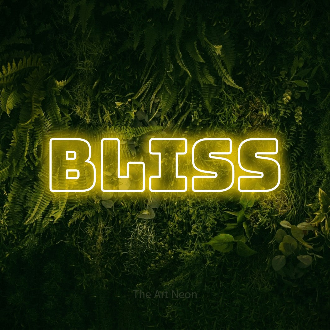 Yellow outline-style LED neon sign reading "Bliss" against a moss-covered green wall for bedroom décor