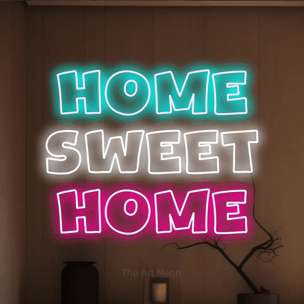 Multicolour outline-style LED neon sign reading "Home Sweet Home" against a warm brown wall for living room décor