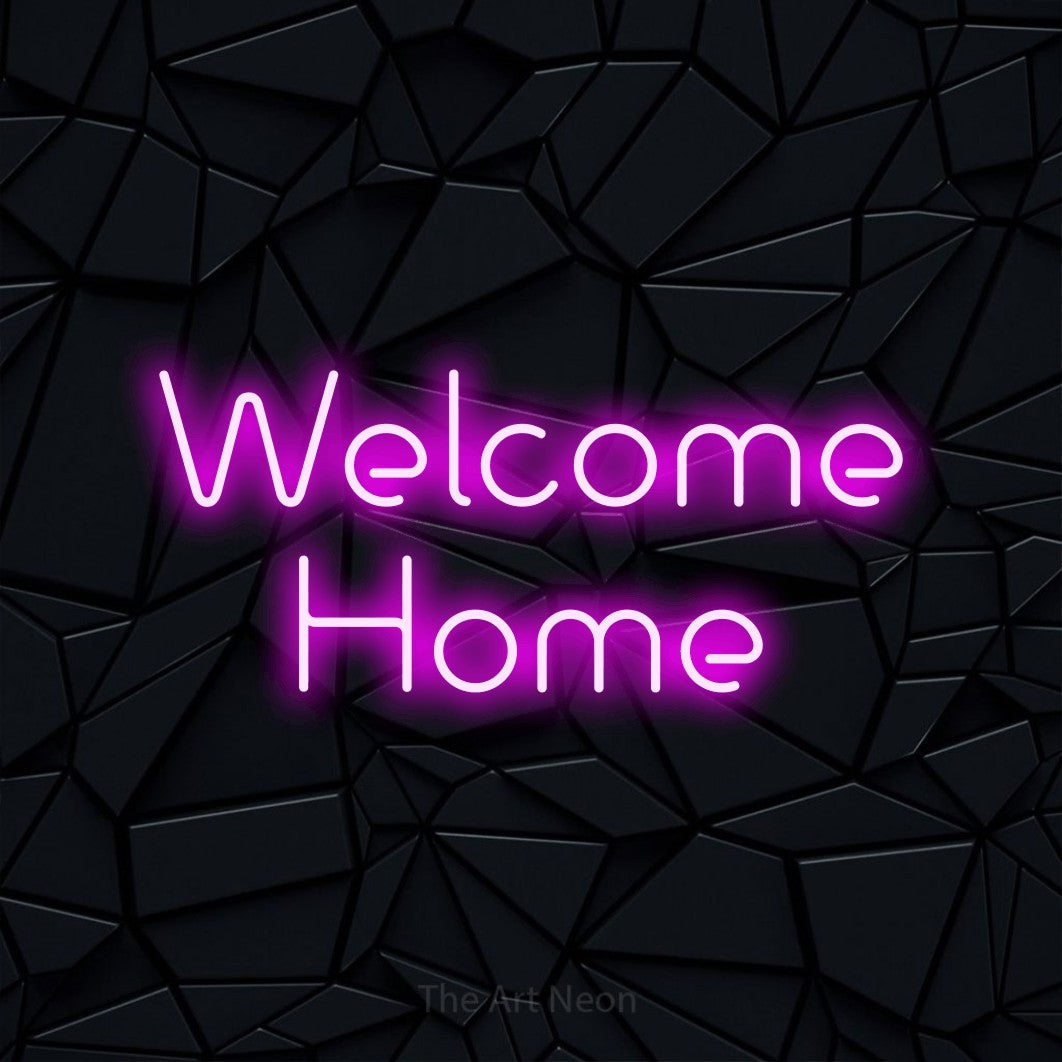 Enseigne néon à DEL à lumière rose, affichant « Welcome Home » sur un mur noir à facettes, pour décorer un salon