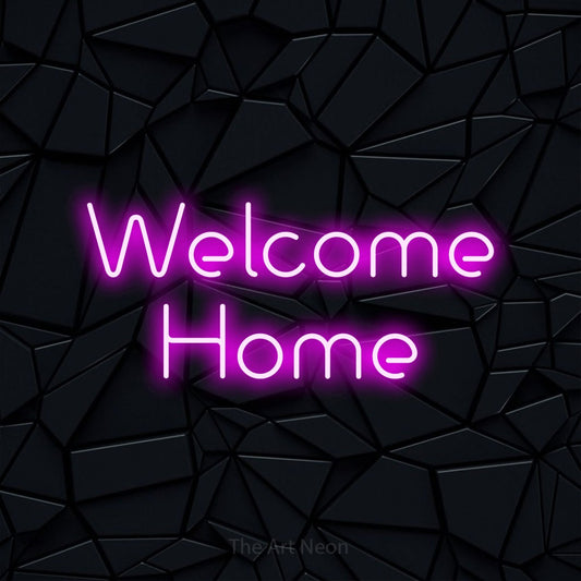 Enseigne néon à DEL à lumière rose, affichant « Welcome Home » sur un mur noir à facettes, pour décorer un salon