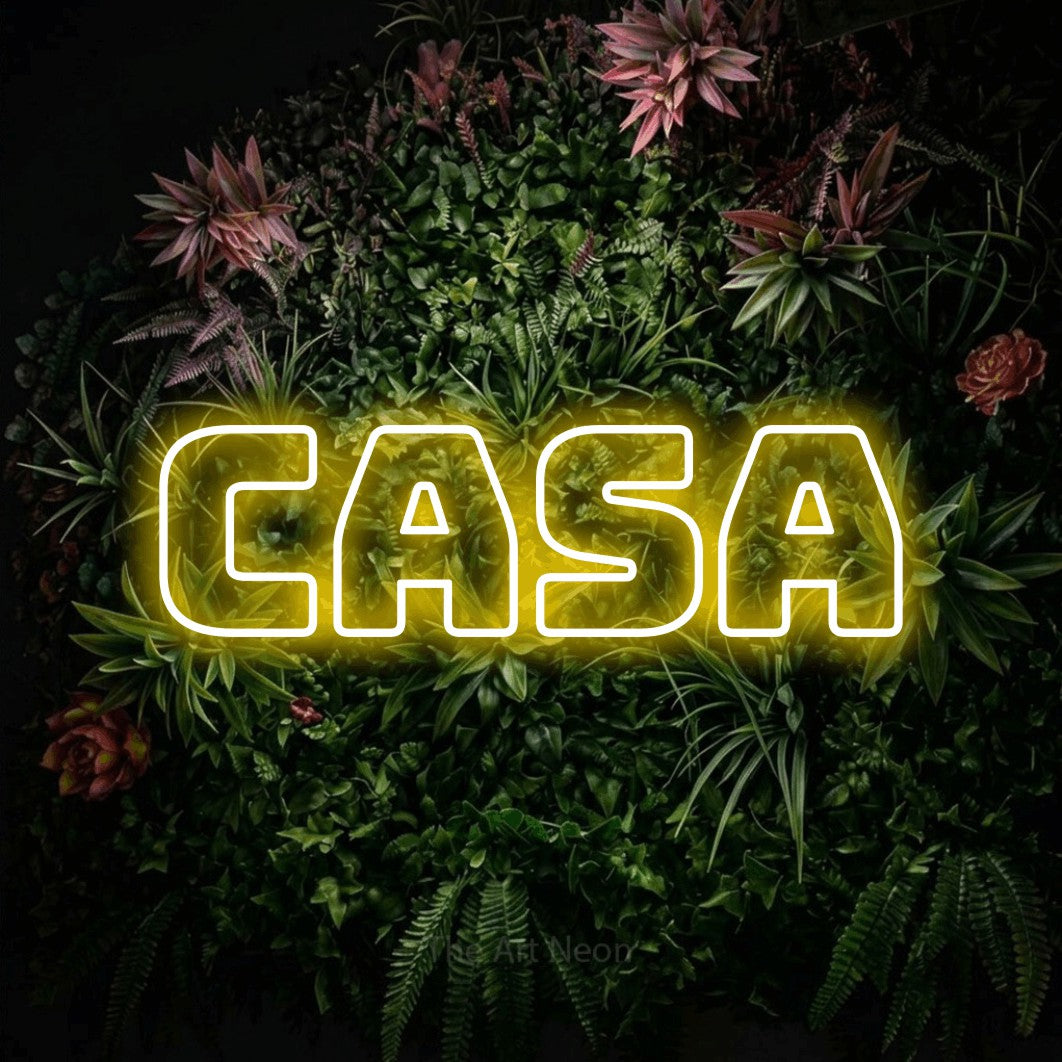 Yellow outline-style LED neon sign reading "Casa" against a flowering garden wall for living room décor
