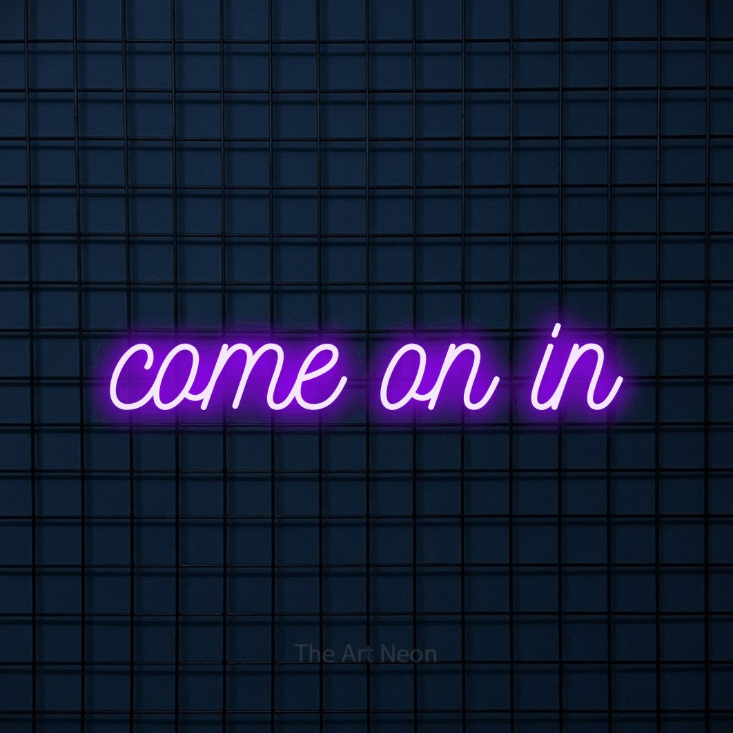 Purple script-style LED neon sign reading "Come On In" against a dark blue tiled wall for living room décor