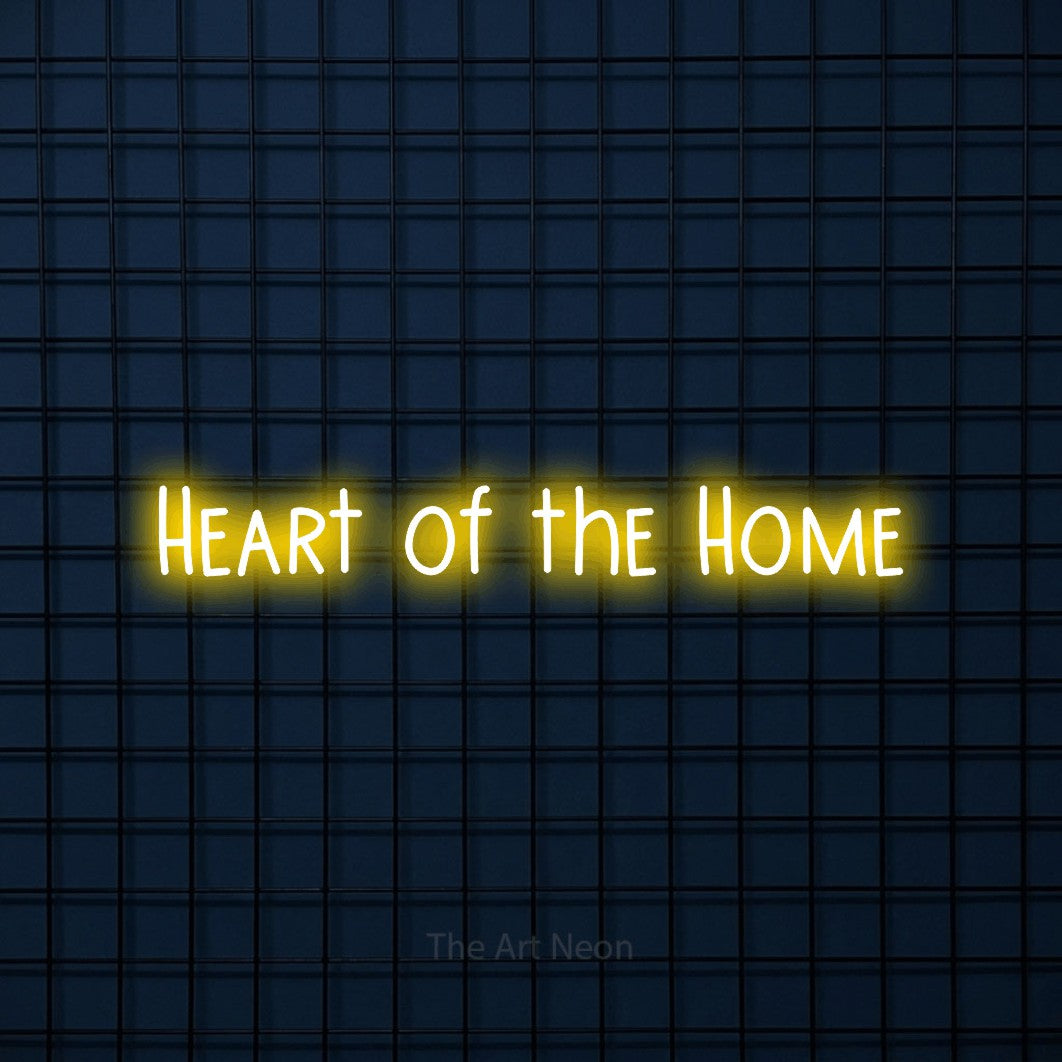 Yellow LED neon sign reading "Heart of the Home" against a dark blue tiled wall for living room décor