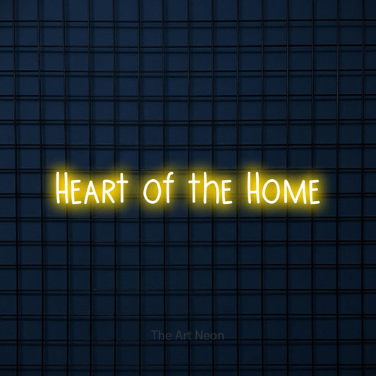 Yellow LED neon sign reading "Heart of the Home" against a dark blue tiled wall for living room décor