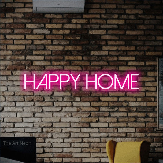 Hot pink LED neon sign reading "Happy Home" against a rustic brick wall for living room décor