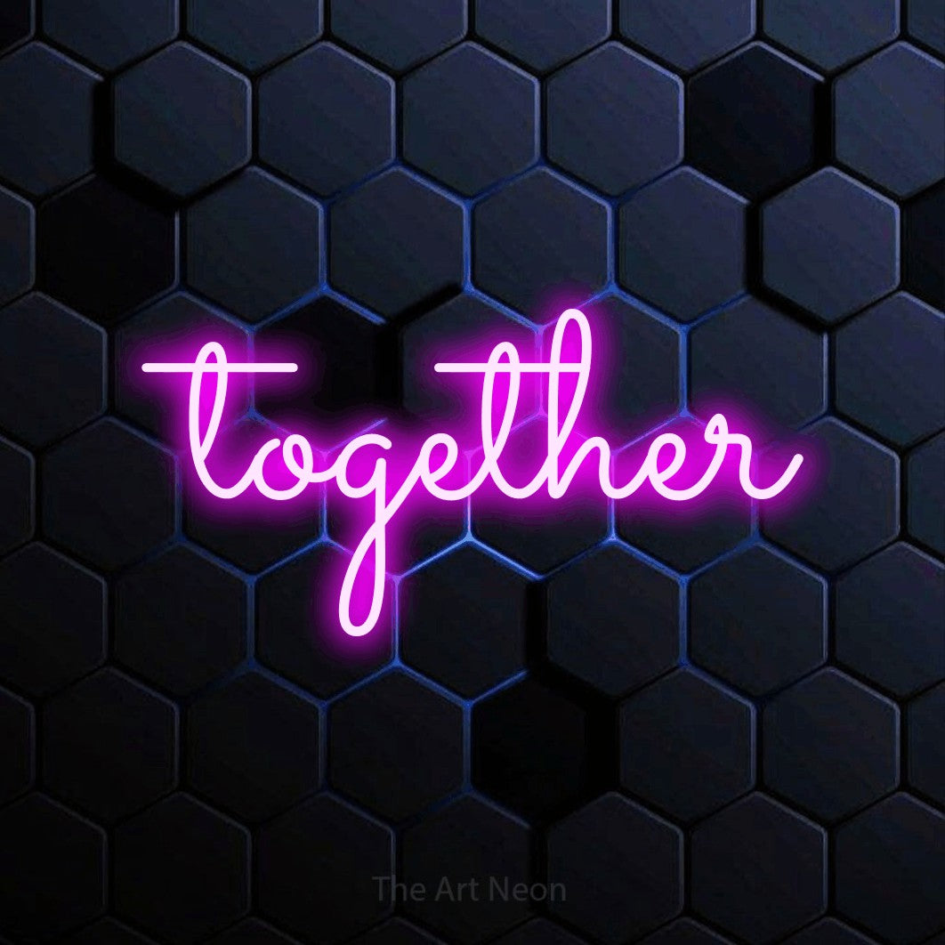 Pink LED neon sign reading "Together" against a blue hexagonal wall for living room décor