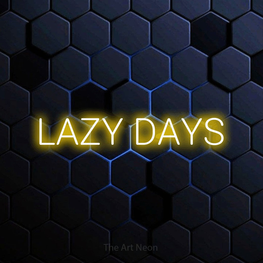 Yellow LED neon sign reading "Lazy Days" against a blue hexagonal wall for living room décor