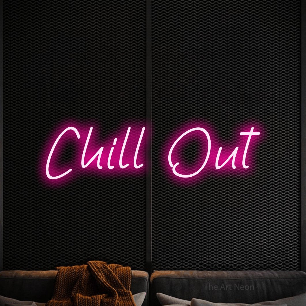 Hot pink LED neon sign reading "Chill Out" against a black textured wall for living room décor