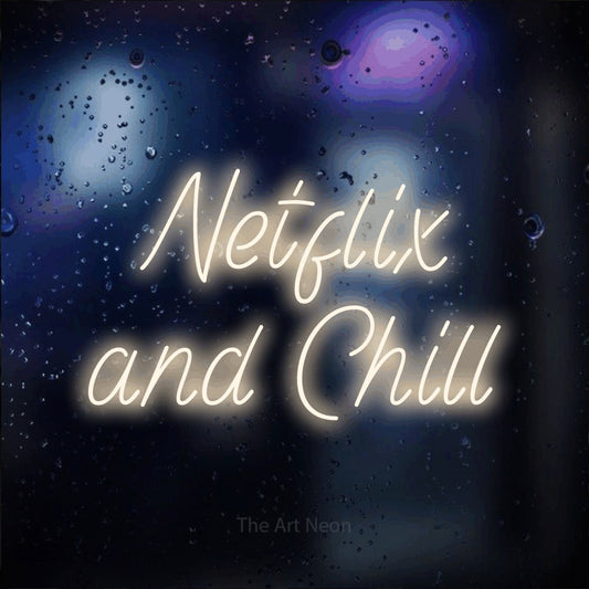 Warm white LED neon sign reading "Netflix and Chill" against a dark blue bokeh background for living room décor