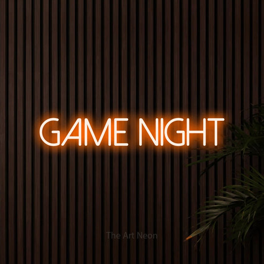 Orange LED neon sign reading "Game Night" against dark wooden slats for living room décor