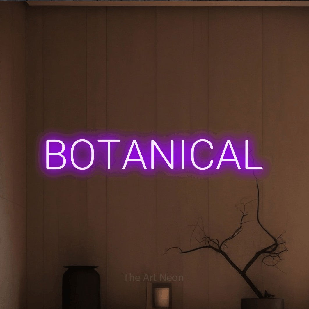 Purple LED neon sign reading "Botanical" against a warm brown wall for living room décor