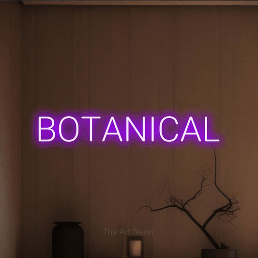 Purple LED neon sign reading "Botanical" against a warm brown wall for living room décor