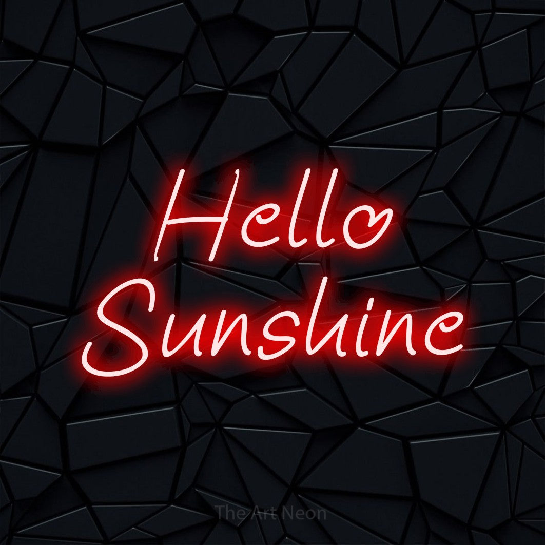 Red LED neon sign reading "Hello Sunshine" against a black faceted wall for living room décor