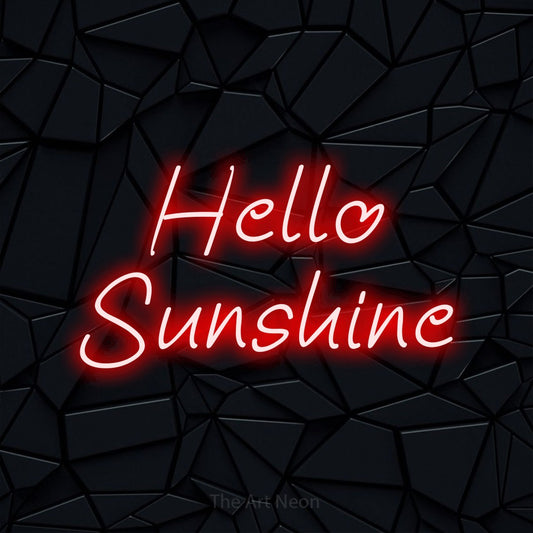 Red LED neon sign reading "Hello Sunshine" against a black faceted wall for living room décor