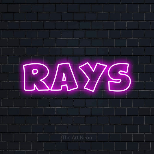 Pink outline-style LED neon sign reading "Rays" against a dark navy brick wall for living room décor