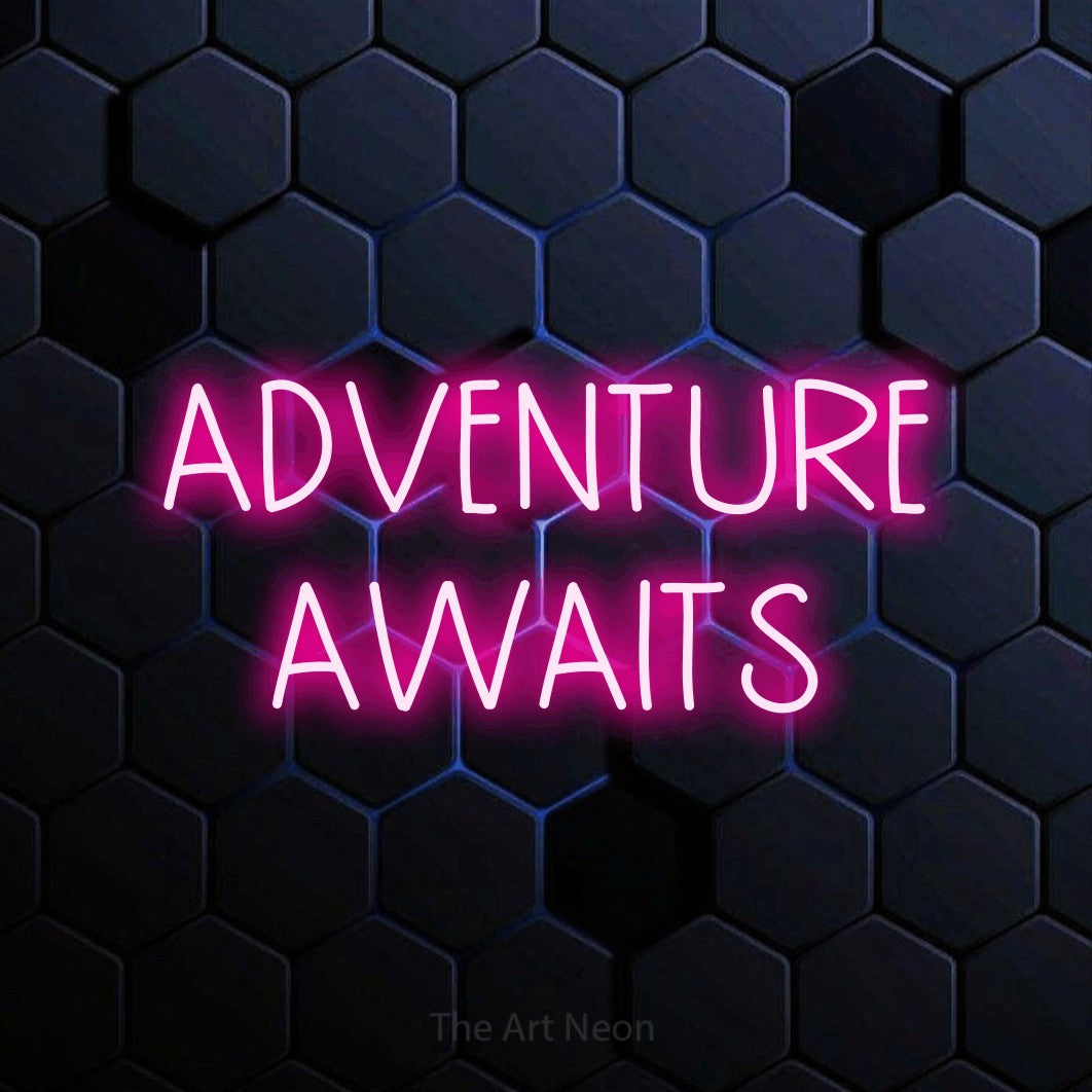 Hot pink LED neon sign reading "Adventure Awaits" against a blue hexagonal wall for living room décor