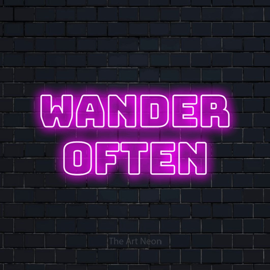 Pink outline-style LED neon sign reading "Wander Often" against a dark navy brick wall for living room décor