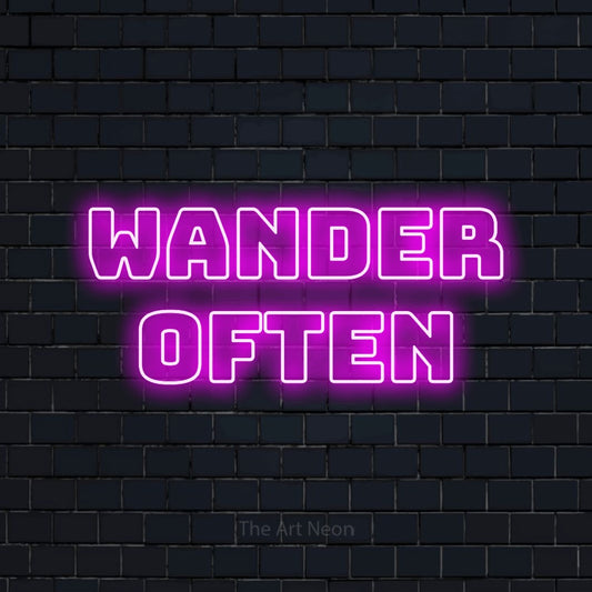 Pink outline-style LED neon sign reading "Wander Often" against a dark navy brick wall for living room décor